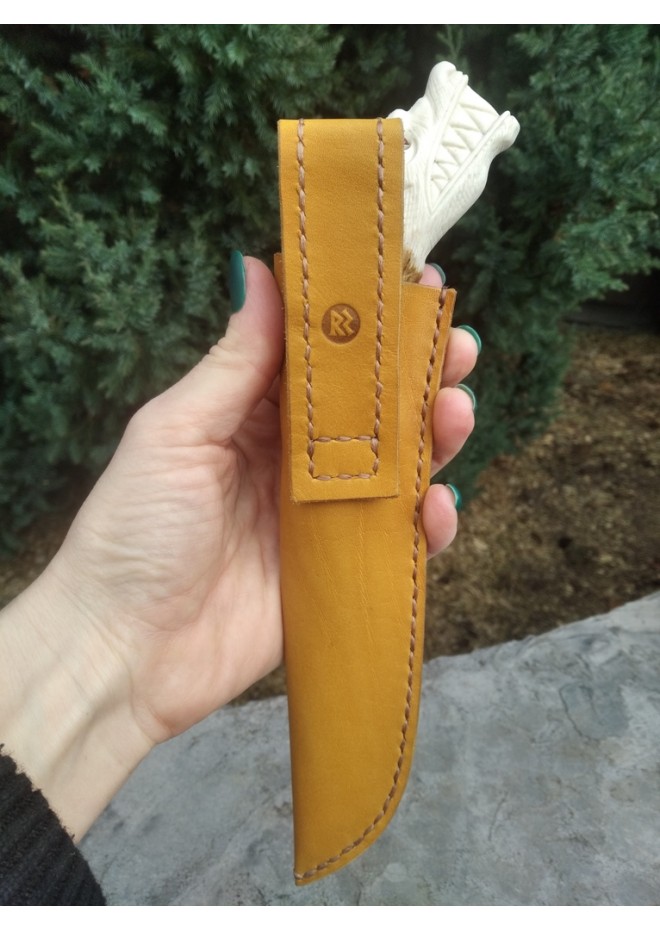 Hand Forged Viking hunting knife "Wolf" with leather sheath. Moose antlers hand-carved handle. 