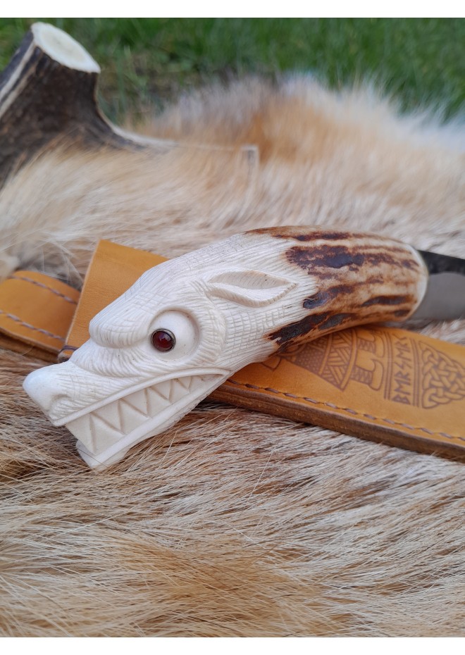 Hand Forged Viking hunting knife "Wolf" with leather sheath. Moose antlers hand-carved handle. 