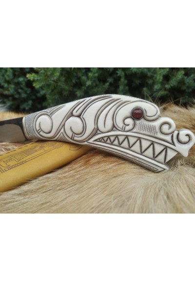 Handmade premium Norse knife with Dragon head handle and leather sheath. Hand-forged blade. 