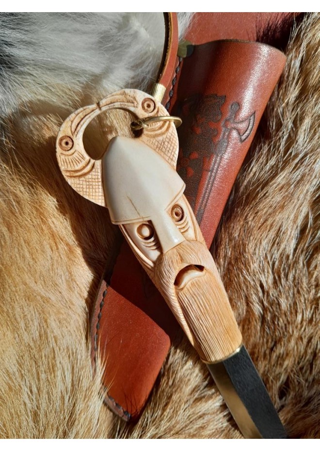 Norse knife "Odin with ravens". Scandinavian God. Viking rune knife with leather sheath. Hunting, Celtic, Medieval - Hand-carved handle