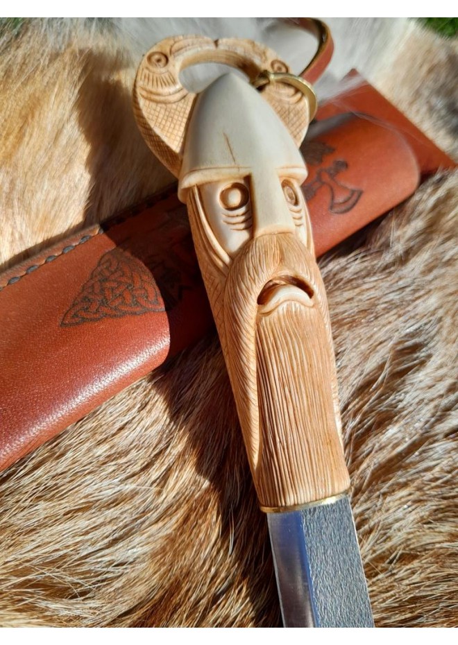 Norse knife "Odin with ravens". Scandinavian God. Viking rune knife with leather sheath. Hunting, Celtic, Medieval - Hand-carved handle