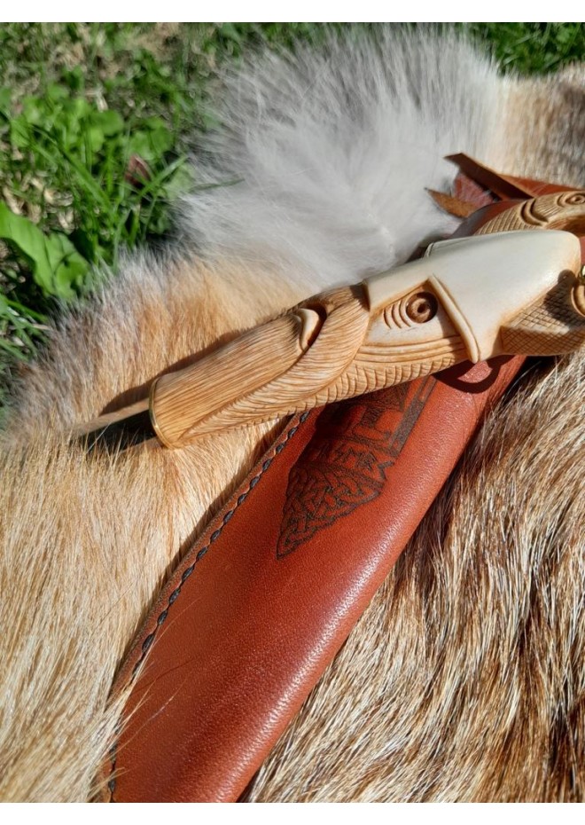 Norse knife "Odin with ravens". Scandinavian God. Viking rune knife with leather sheath. Hunting, Celtic, Medieval - Hand-carved handle