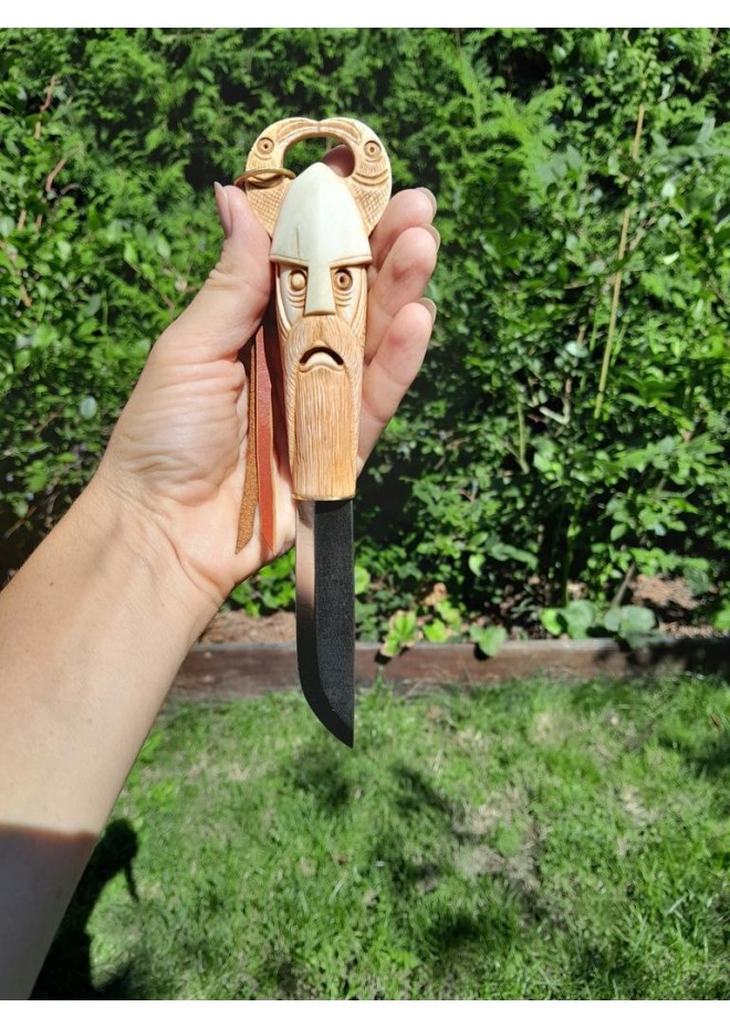 Norse knife "Odin with ravens". Scandinavian God. Viking rune knife with leather sheath. Hunting, Celtic, Medieval - Hand-carved handle