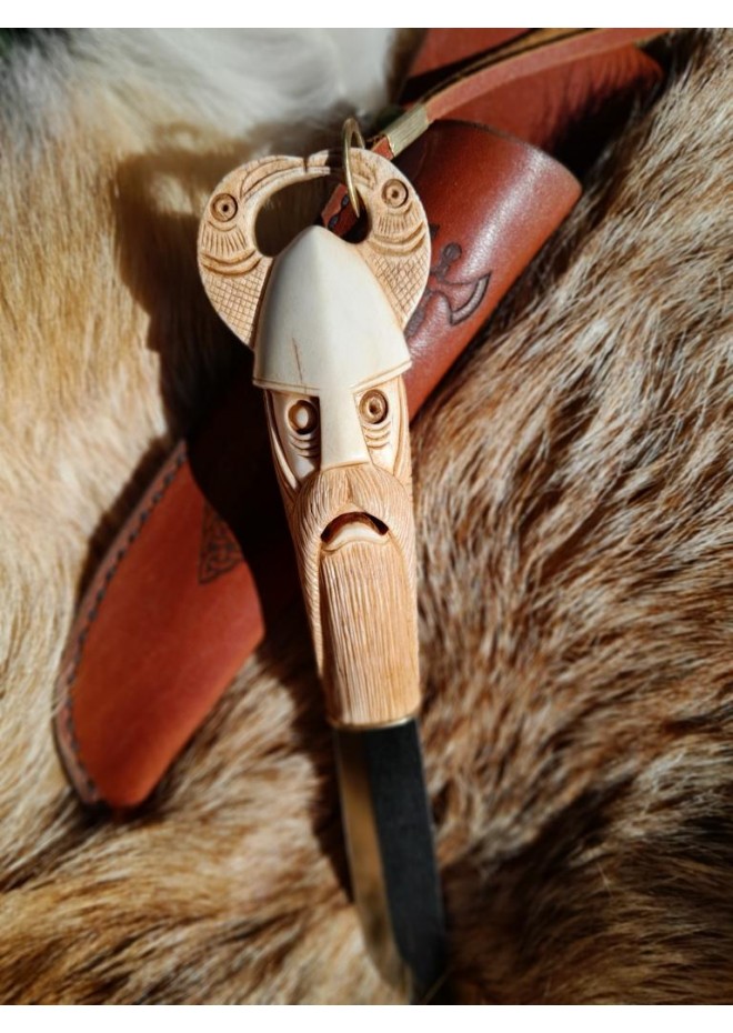 Norse knife "Odin with ravens". Scandinavian God. Viking rune knife with leather sheath. Hunting, Celtic, Medieval - Hand-carved handle