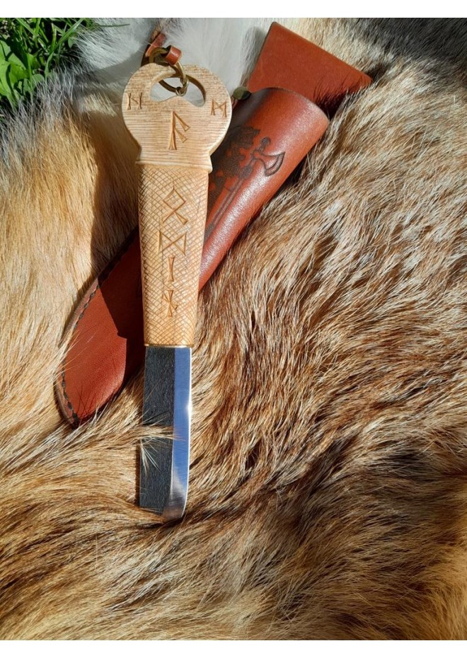 Norse knife "Odin with ravens". Scandinavian God. Viking rune knife with leather sheath. Hunting, Celtic, Medieval - Hand-carved handle