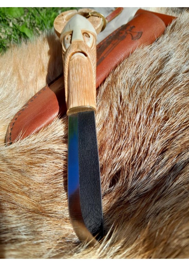 Norse knife "Odin with ravens". Scandinavian God. Viking rune knife with leather sheath. Hunting, Celtic, Medieval - Hand-carved handle