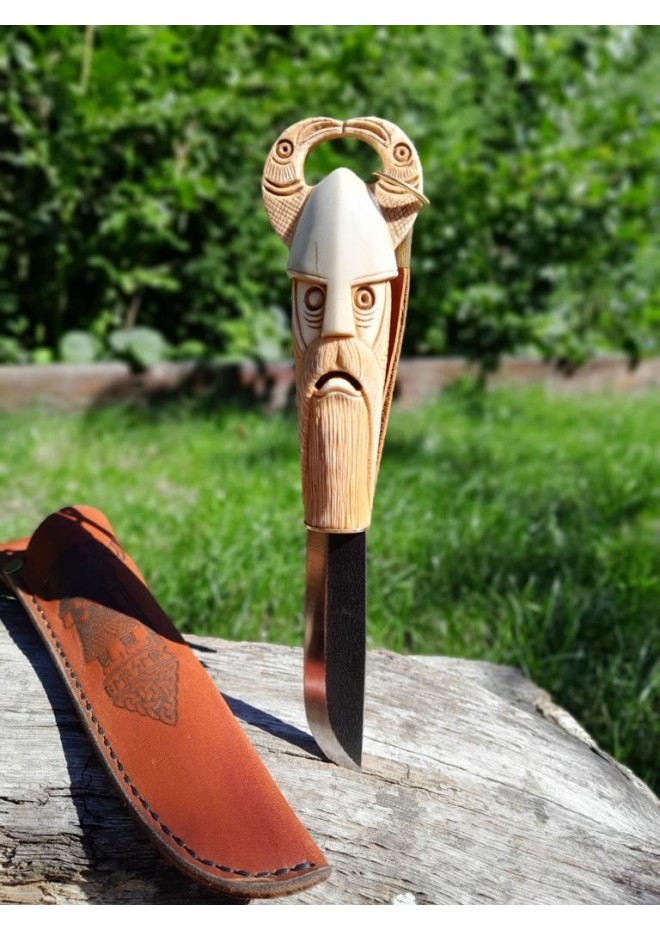 Norse knife "Odin with ravens". Scandinavian God. Viking rune knife with leather sheath. Hunting, Celtic, Medieval - Hand-carved handle