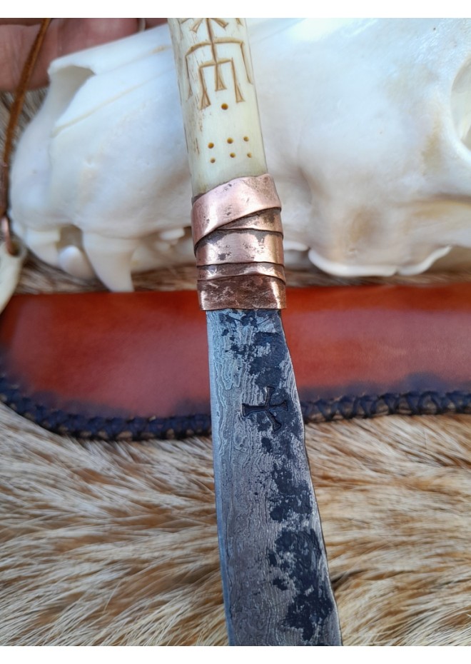 Norse motifs knife "Fenrir" with bone handle and leather sheath. 