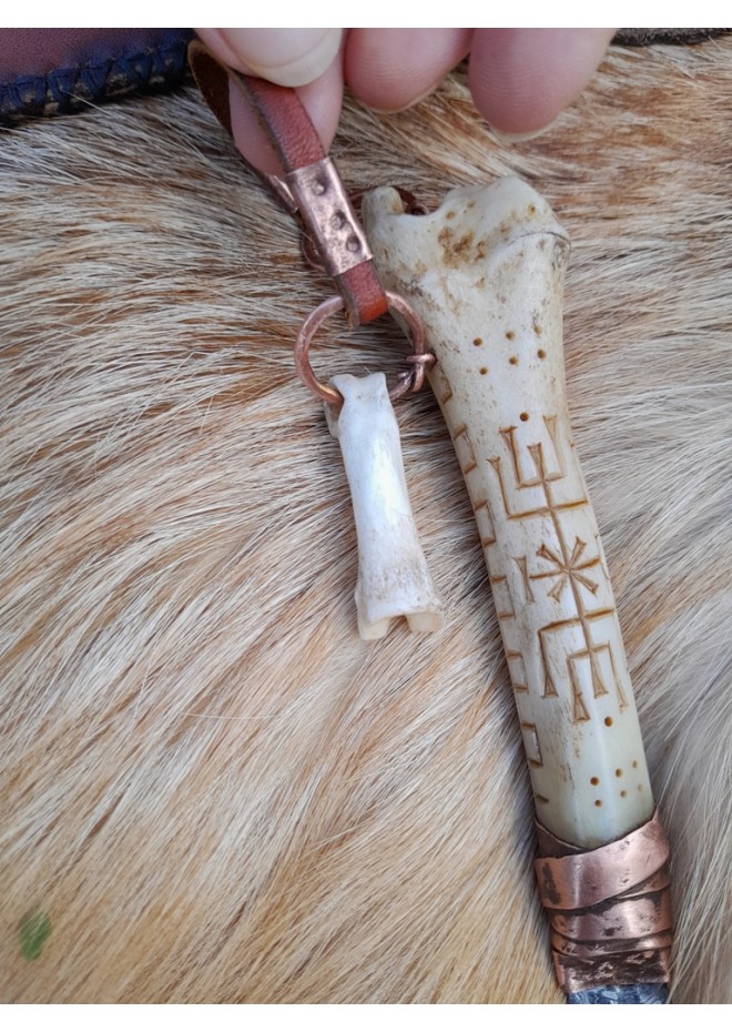 Norse motifs knife "Fenrir" with bone handle and leather sheath. 