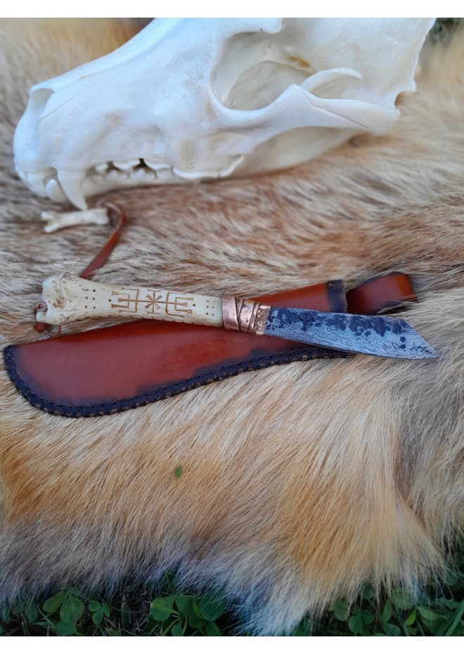 Norse motifs knife "Fenrir" with bone handle and leather sheath. 