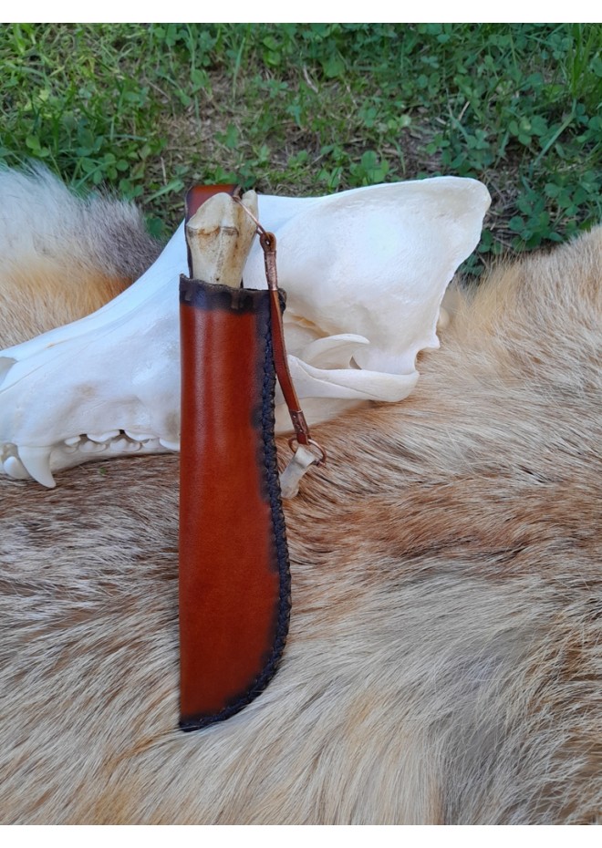 Norse motifs knife "Fenrir" with bone handle and leather sheath. 