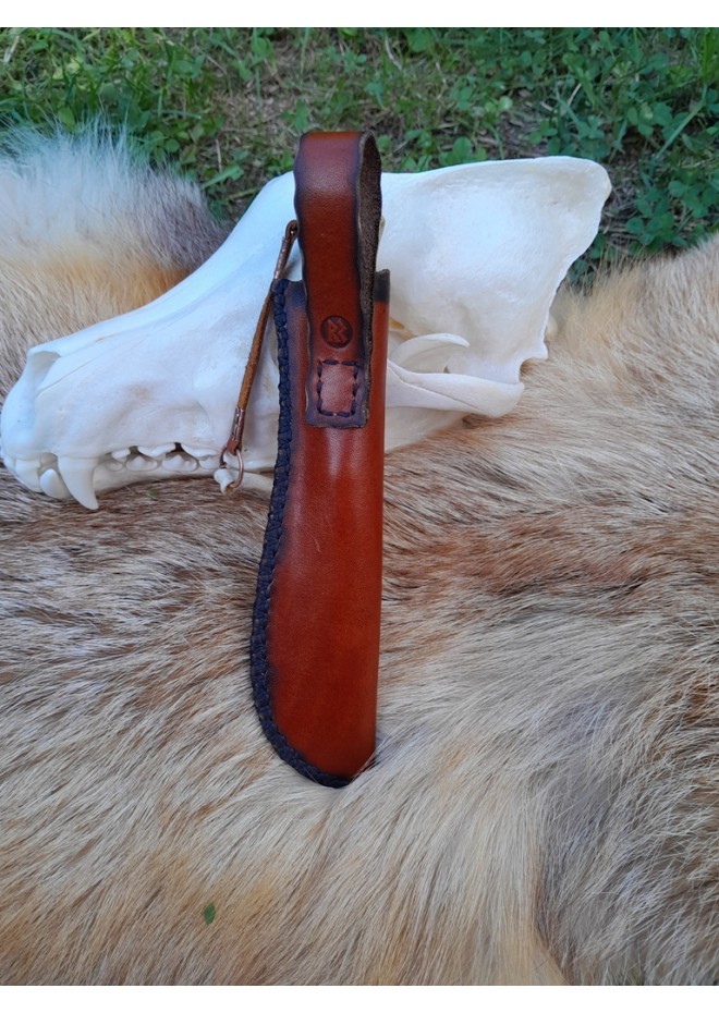 Norse motifs knife "Fenrir" with bone handle and leather sheath. 