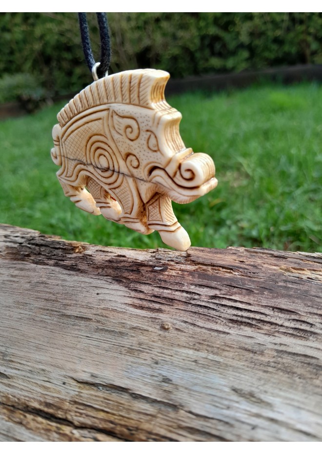 Hand-carved Boar amulet with Algiz rune.