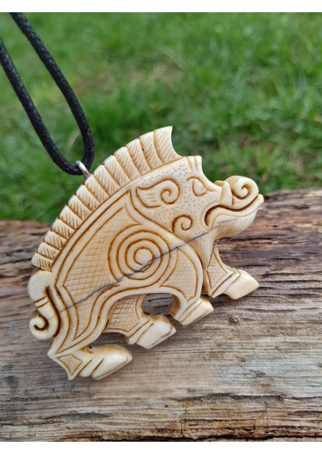 Hand-carved Boar amulet with Algiz rune.