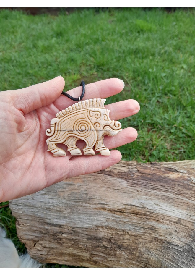 Hand-carved Boar amulet with Algiz rune.