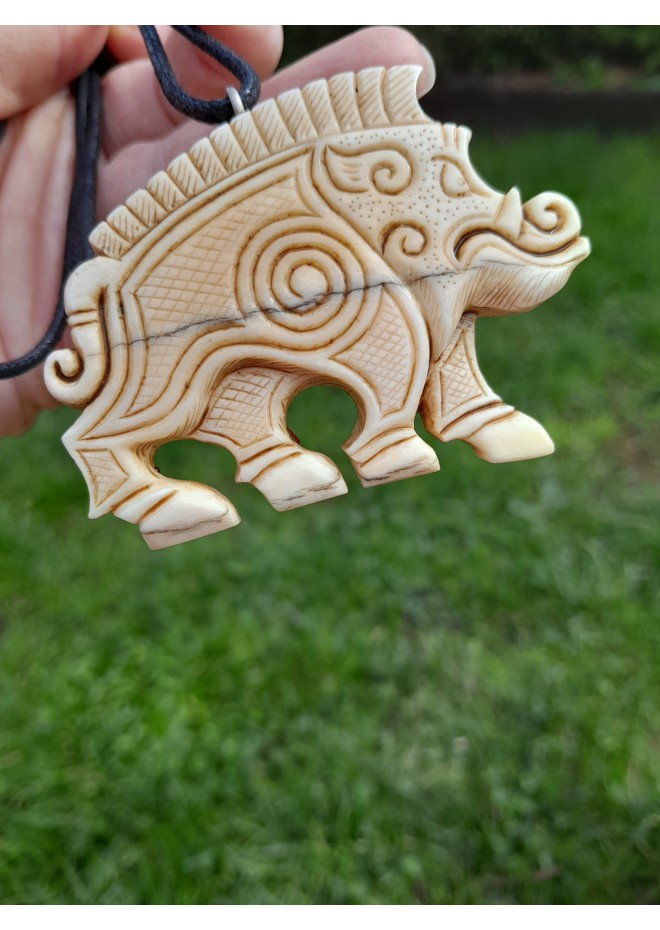 Hand-carved Boar amulet with Algiz rune.