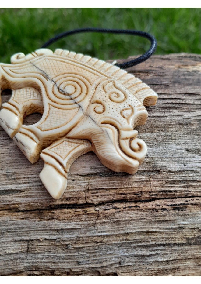 Hand-carved Boar amulet with Algiz rune.