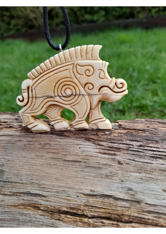 Hand-carved Boar amulet with Algiz rune.