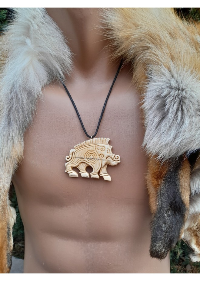 Hand-carved Boar amulet with Algiz rune.