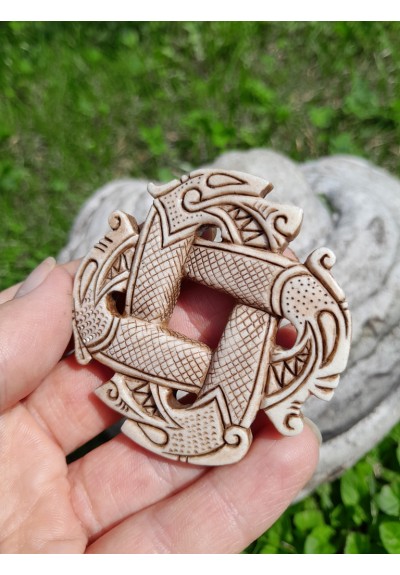 Pre-Viking Germanic four-headed Dragon knotwork talisman. Moose antlers hand-carved