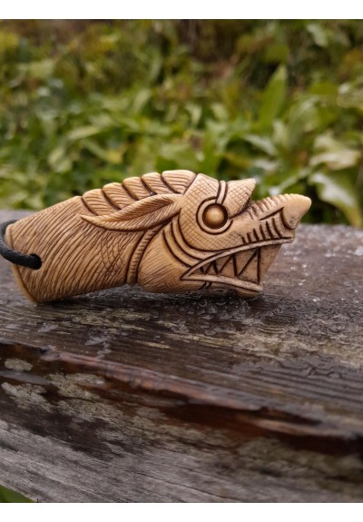 Massive Wolf amulet. Fenrir. Viking jewelry with Fehy rune. Hand-carved