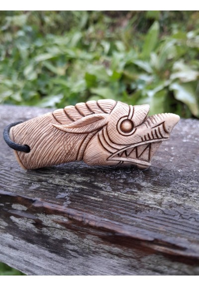 Massive Wolf amulet. Fenrir. Viking jewelry with Fehy rune. Hand-carved