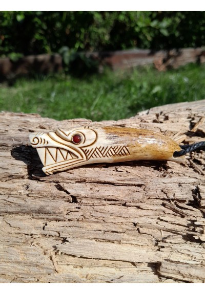 Beautiful moose antlers hand-carved Viking Wolf amulet with red eyes. Fenrir