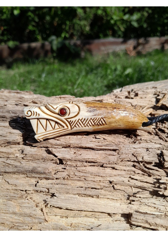 Beautiful hand-carved Viking Wolf amulet with red eyes. Fenrir warrior necklace. Old Norse Pagan jewelry. Nordic pendant. Viking Art. Totem