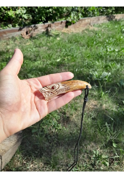 Beautiful moose antlers hand-carved Viking Wolf amulet with red eyes. Fenrir