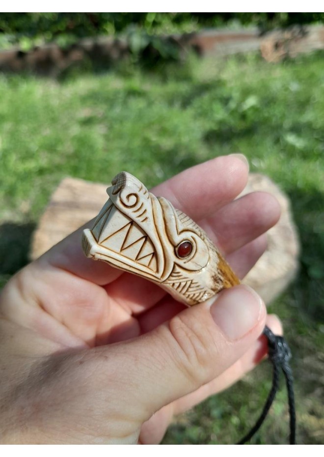 Beautiful hand-carved Viking Wolf amulet with red eyes. Fenrir warrior necklace. Old Norse Pagan jewelry. Nordic pendant. Viking Art. Totem