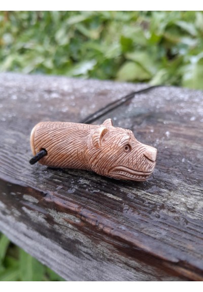 Small hand-carved Viking bear amulet. Scandinavian pendant with Bear head and Algiz rune. Moose antlers hand-carved