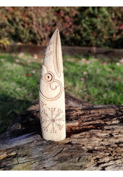 Viking Raven - knife handle. Odins Raven head with Aegishjalmur symbol or Helm of Awe and Algiz. Hand carving