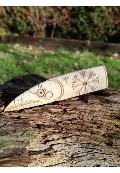 Viking Raven - knife handle. Odins Raven head with Aegishjalmur symbol or Helm of Awe and Algiz. Hand carving