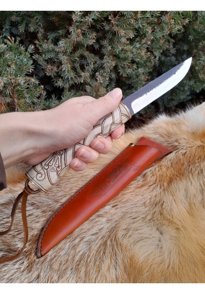 Beautiful hand-forged Viking knife with leather sheath and hand-carved handle. Dragon knotwork. Norse, Nordic design. Celtic art style.