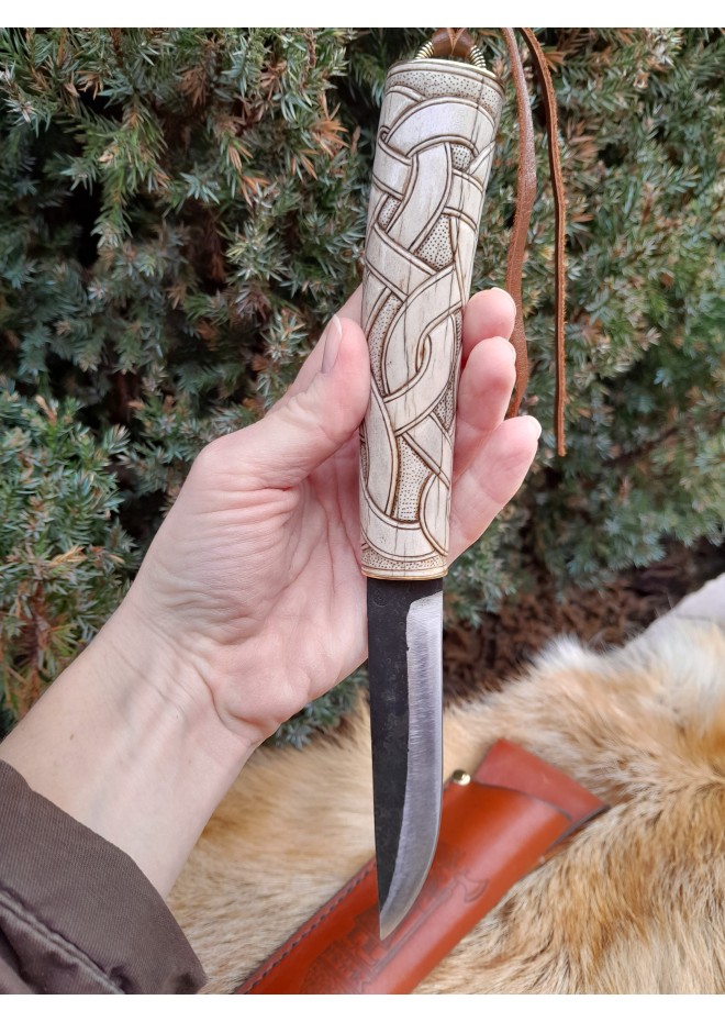 Hand-forged Viking style knife. Hand-carved antler handle