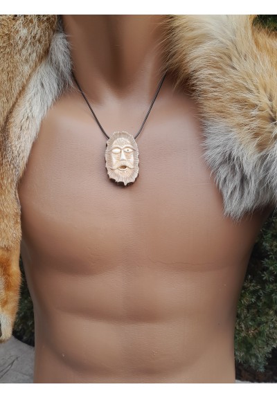 Hand-carved Viking God Odin face pendant, Óðinn amulet with Ansuz rune. Moose antlers hand-carved