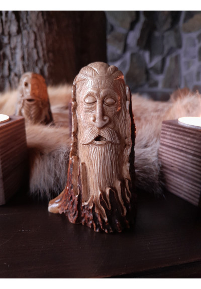 Old Norse God. Odin statue. Moose antlers hand-carved