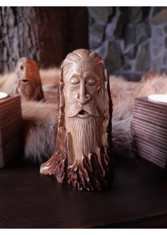 Old Norse God figurine. Odin statue. Moose antlers hand-carved