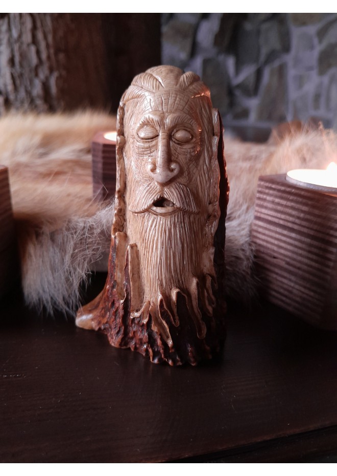 Old Norse God figurine. Odin statue. Moose antlers hand-carved