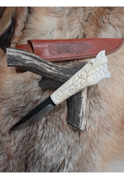 Vikings style knife with Dragon head & leather sheath. Fafnir. Celtic art, Norse, Medieval. Berserker. Hand-forged steel. Moose antlers hand-carved handle