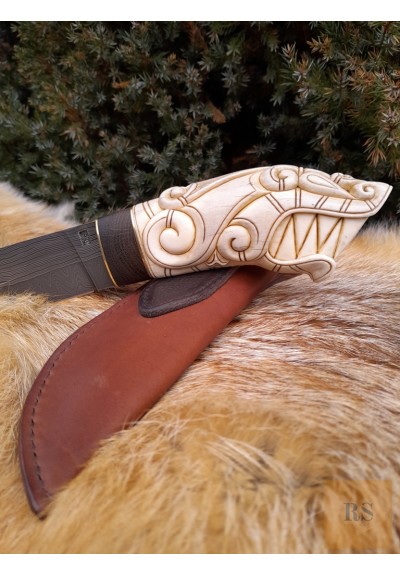 Viking knife with leather sheath. Hand-carved Wolf head handle. Hand-forged Damascus blade. Fenrir. Celtic, Medieval art. Berserker. Norse pattern