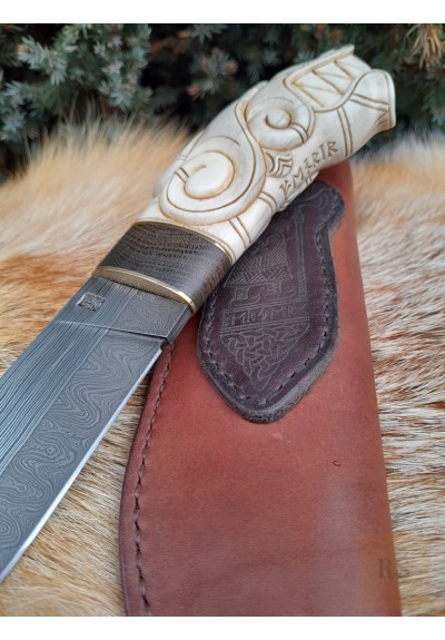 Viking knife with leather sheath. Hand-carved Wolf head handle. Hand-forged Damascus blade. Fenrir. Celtic, Medieval art. Berserker. Norse pattern