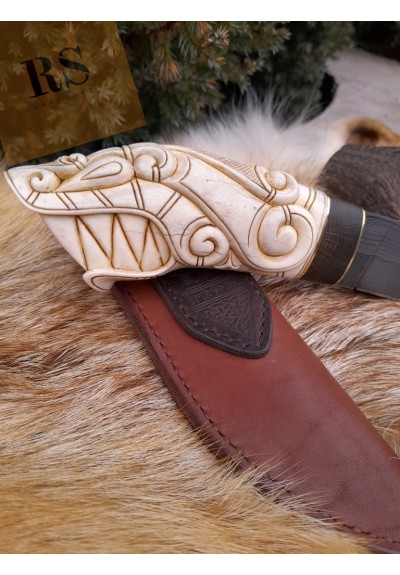 Viking knife with leather sheath. Hand-carved Wolf head handle. Hand-forged Damascus blade. Fenrir. Celtic, Medieval art. Berserker. Norse pattern