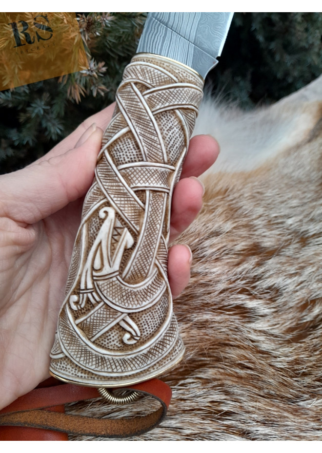 Viking knife with hand-carved antler handle. Damascus blade.