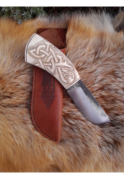 Unique Viking style knife with leather sheath and hand-carved handle, Oseberg design, Norse Dragon knotwork. Drakkar. Celtic knot. Camping