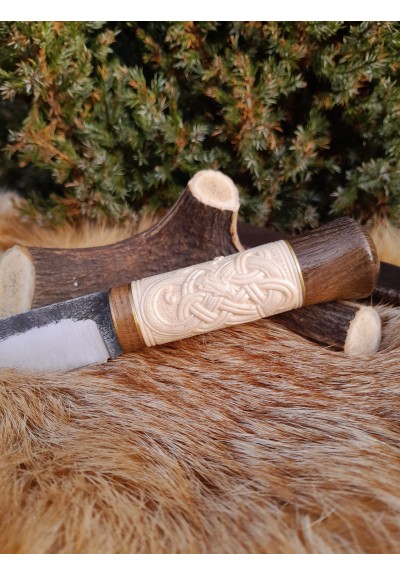 Handmade Viking small knife with leather sheath and hand-forged blade. Norse Zoomorphic pattern, Scandinavian style - hand carved handle