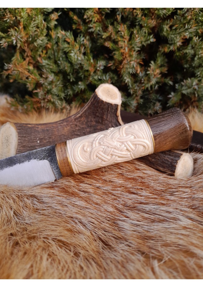 Norse Dragon knife. Moose antlers carved handle. Hand-forged blade