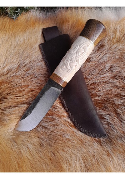 Handmade Viking small knife with leather sheath and hand-forged blade. Norse Zoomorphic pattern, Scandinavian style - hand carved handle