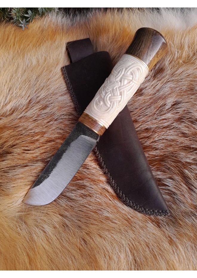 Norse Dragon knife. Moose antlers carved handle. Hand-forged blade