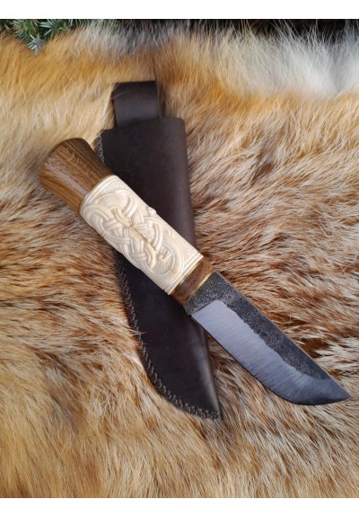 Handmade Viking small knife with leather sheath and hand-forged blade. Norse Zoomorphic pattern, Scandinavian style - hand carved handle